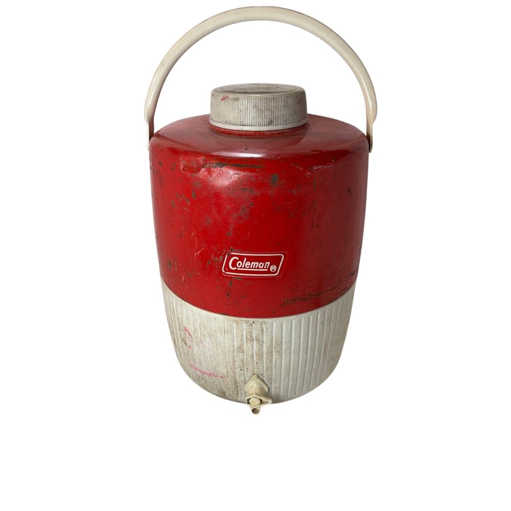Vintage Coleman 2 Gallon Water Cooler Jug Red White Spigot Camp Camping Retro
